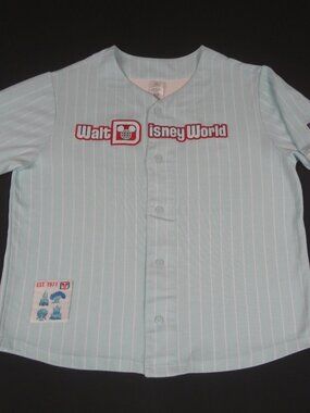 WALT DISNEY WORLD 4 PARKS - BLUE BUTTON UP JERSEY HAPPIEST PLACE SZ LARGE L576